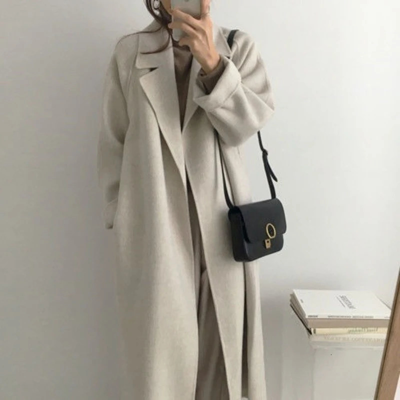 Autumn Winter Women Basic Lapel Solid Belt Woolen Coat Female Casual Commut Outwear Loose Midi Length Jacket Overcoat 251029