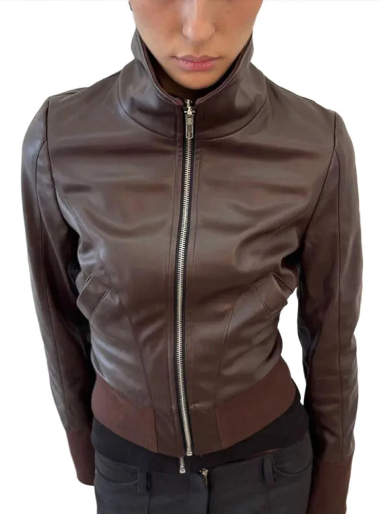 Chic Faux Leather Stand Collar Cropped Jacket Coat Womens ZipUp Ribbed Hem Slim Fit Short Outerwear 2025 Spring Autumn Outfit 251029