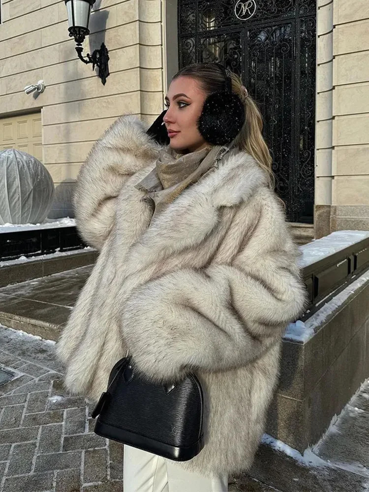 Women Loose Lapel Faux Fur Coat Elegant y Vneck Long Sleeve Fluffy Outerwears Lady Fashion Winter Daily Highstreet Jackets 251028