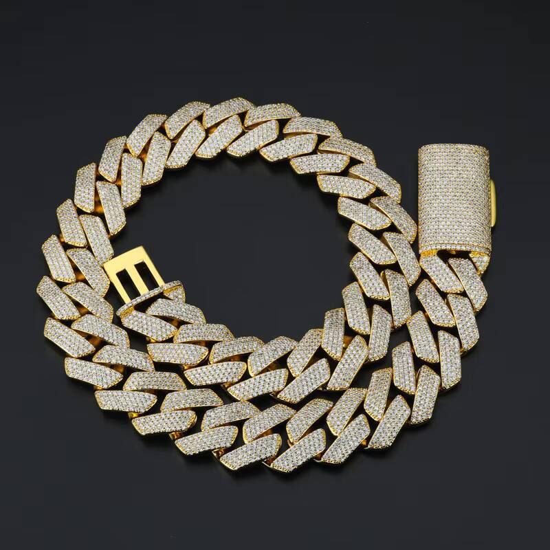 Gorgeous Mens 22MM YellowCuban Link Chain Necklace with 4 Rows of Sparkling Zirconia Elegantly Gold Plated in 18K