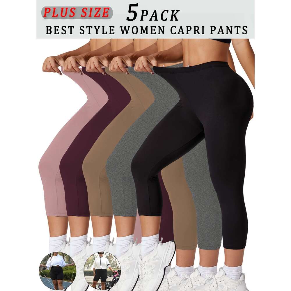 5 Packs Women's Sports Capri Set, Plus Size Plain Stretch High Rise Soft Yoga Running Leggings Pants 5Pcs Set