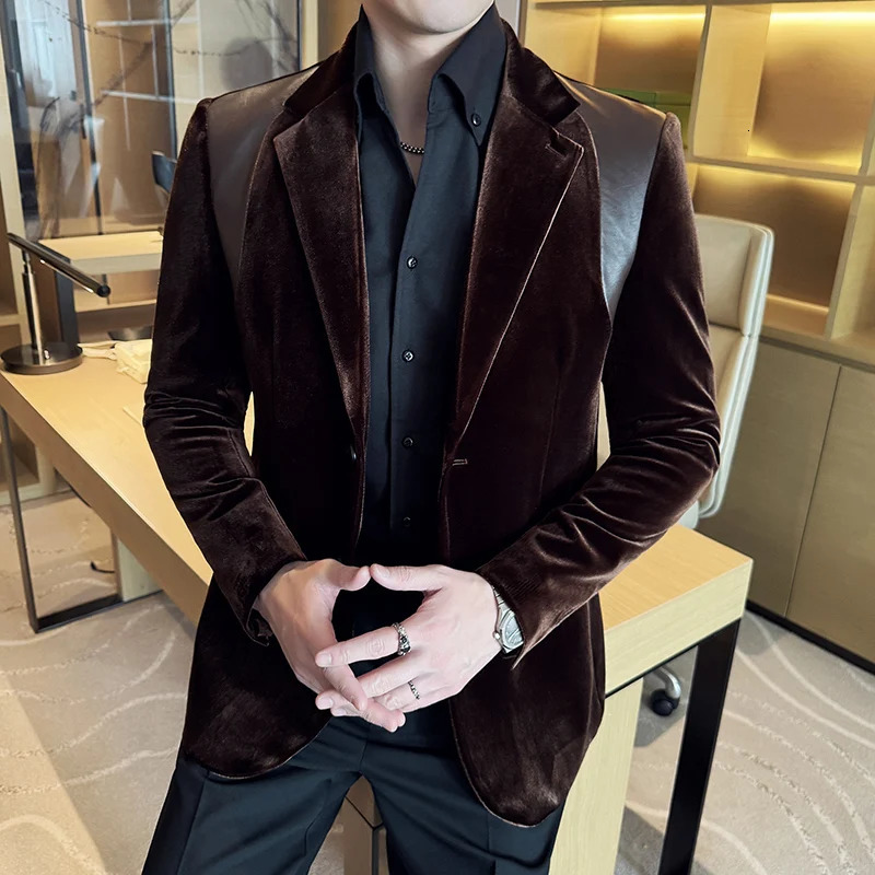 Autumn Winter Men Mercerized Velvet Slim Fit Suit Coats Fashion Leather Splicing Casual Business Formal Party Tailcoat 4XLM 251028