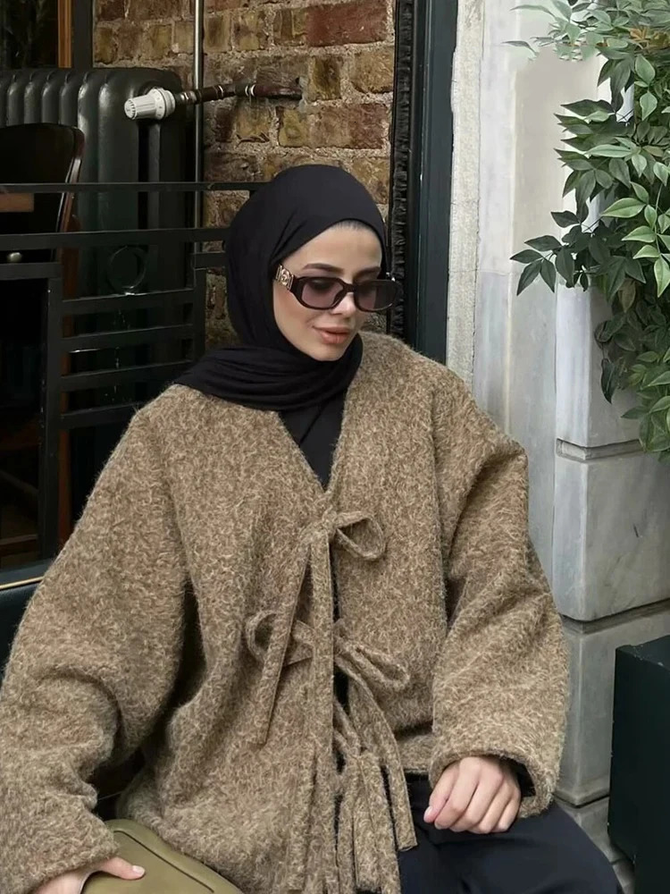 Women Fashion Casual Knitted Cardigan Autumn and Winter Loose Solid Color VNeck Tie Coat Retro Long Sleeve Jacket 251028