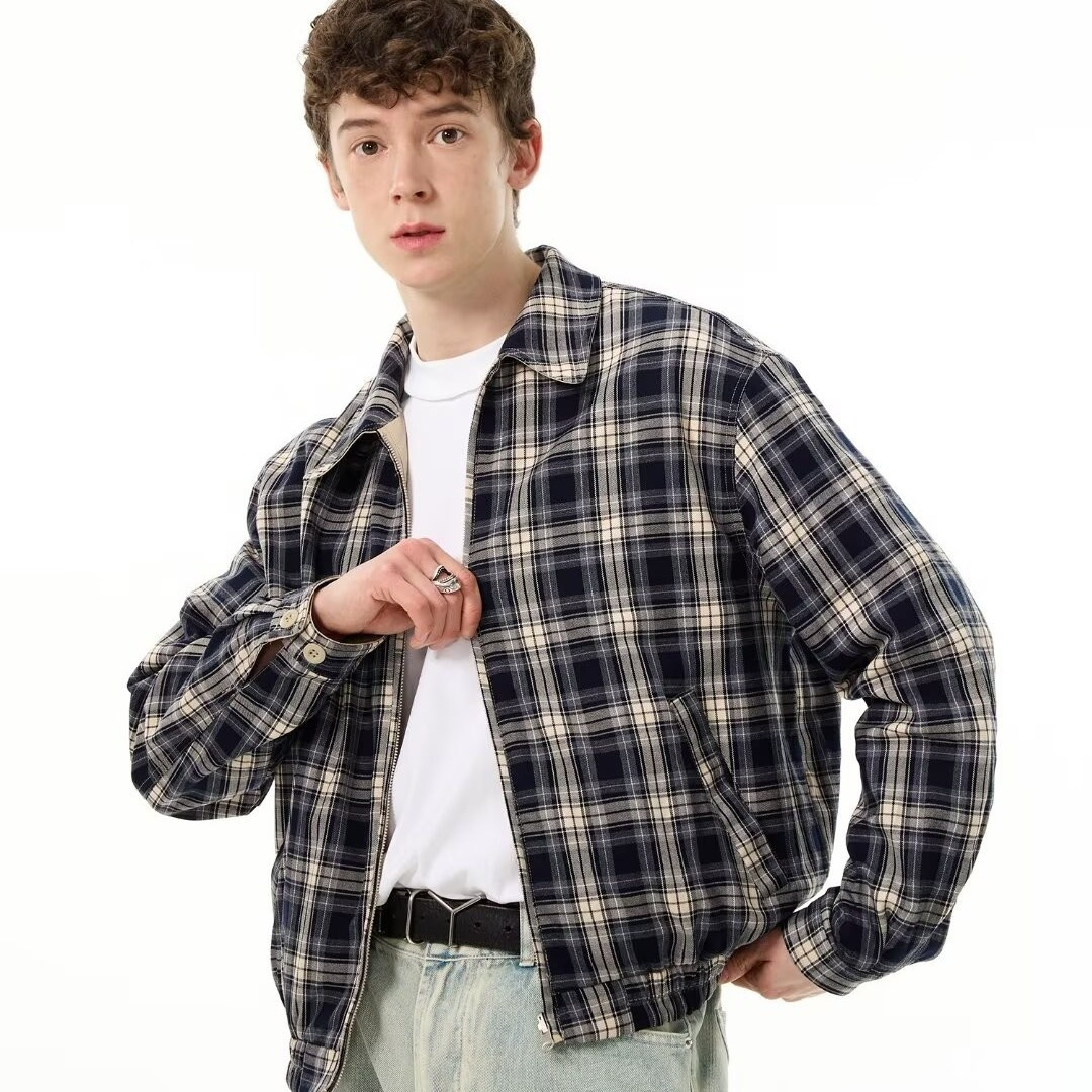 American Style Short Plaid Workwear Jacket Designer Jacket For Men, Reversible Design Bomber Jacket, Autumn Cool Motorcycle Jacket