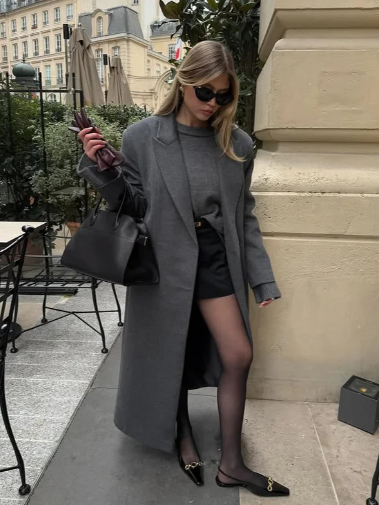 Office Womens Woolen Long Coat Turndown Collar Sleeve Single Button Midlength Outerwear Autumn Lady Overcoats 251028