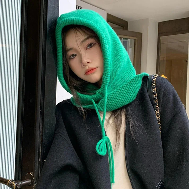 Knitted Hooded Caps Winter Balaclava Hats Women Korean Style Outdoor Warmer Drawstring Onepiece Neck Collar Beanies Cap 251013