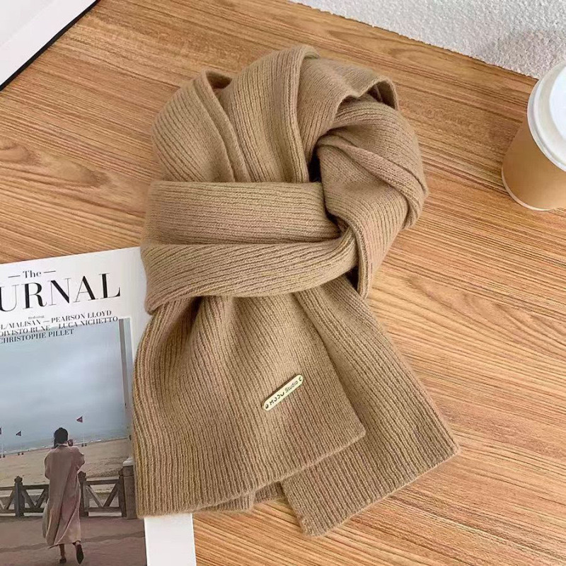 Scarf female winter new wool knit solid color small scarf tide thick warm all match long neck 2025