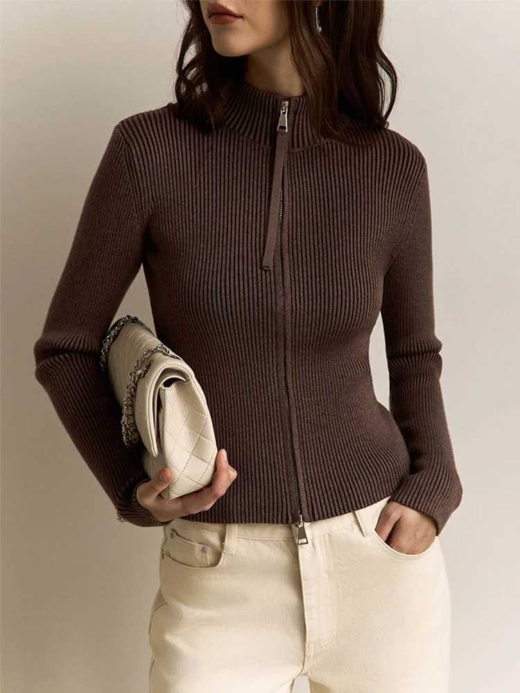 Trendix Women Winter Knit Cardigan Fashion Stand Collar Patchwork Long Sleeve Zipper Sweater Femme Slim Knitted Rib CardigansT251028