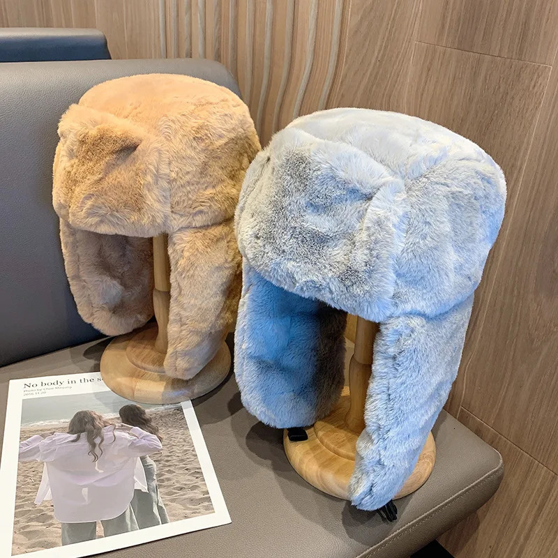 Womens Winter Thickened Warm Beanie Russian Caps Korean Fashion Ushanka Earflap Pilot Hat Womens Trend Bomber Hat Adjustable i251029