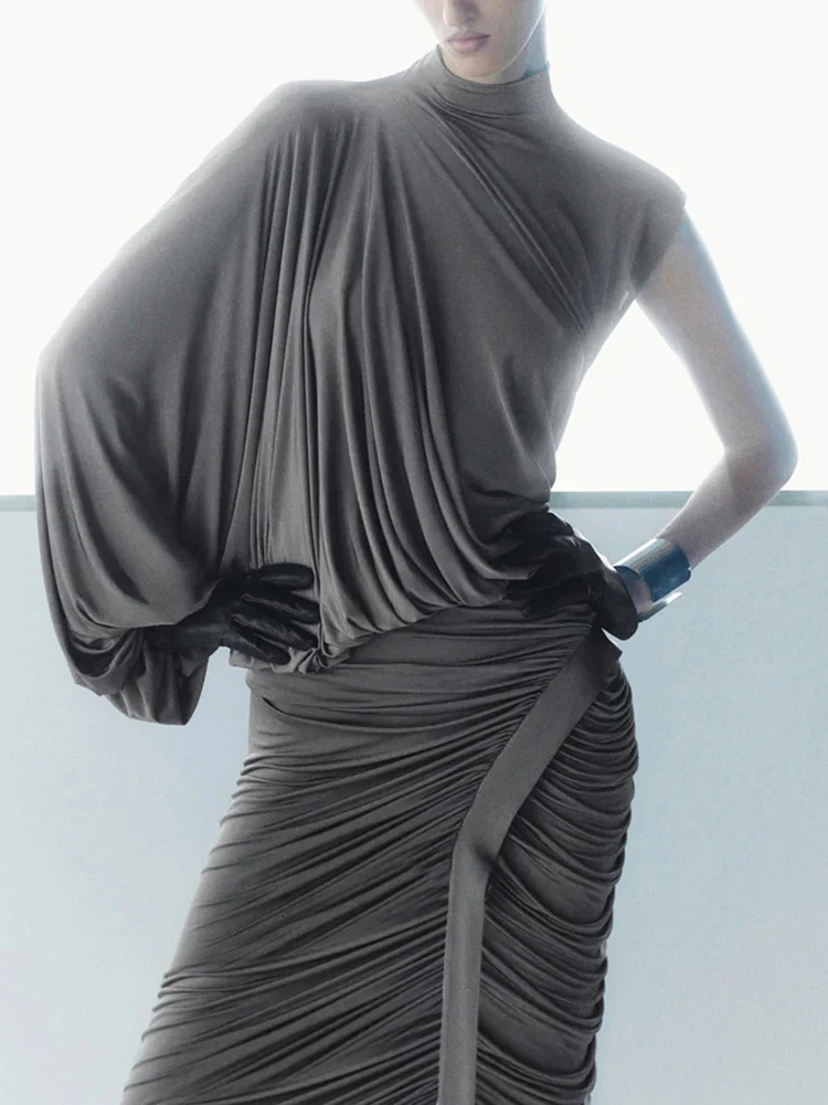 Nibber Summer Y2K Solid Style 2Piece Set Women Turtleneck Single Shoulder Sleeve TopsRuched Long Skirts Fashion Elegant Outfits 251016