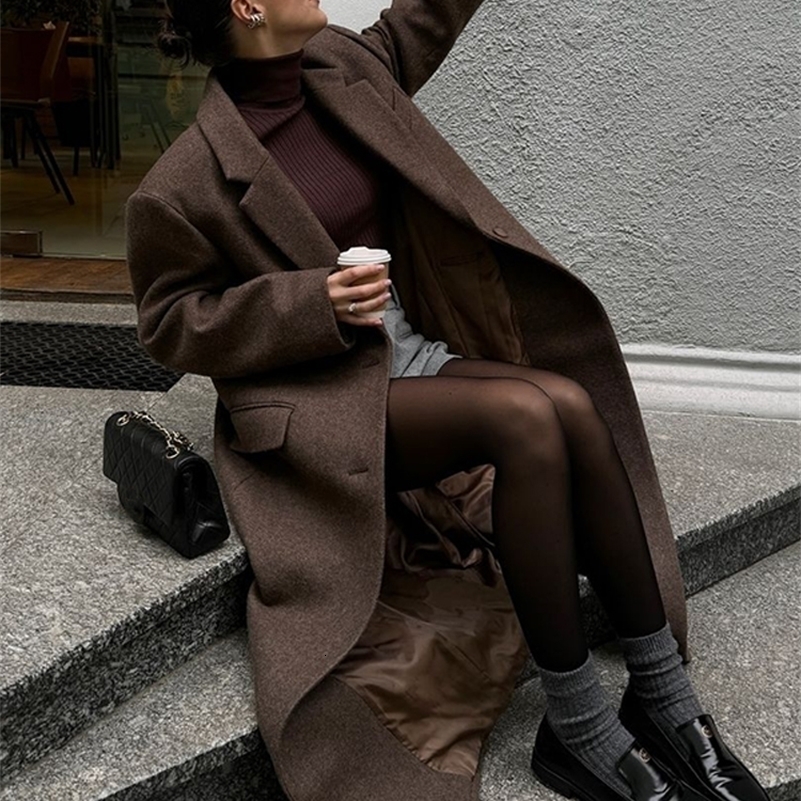 Brown Shoulder Pad Woolen Overcoat Women Elegant Lapel Singlebreasted Long Sleeve Coat 2025 Autumn Lady Outerwear 251028