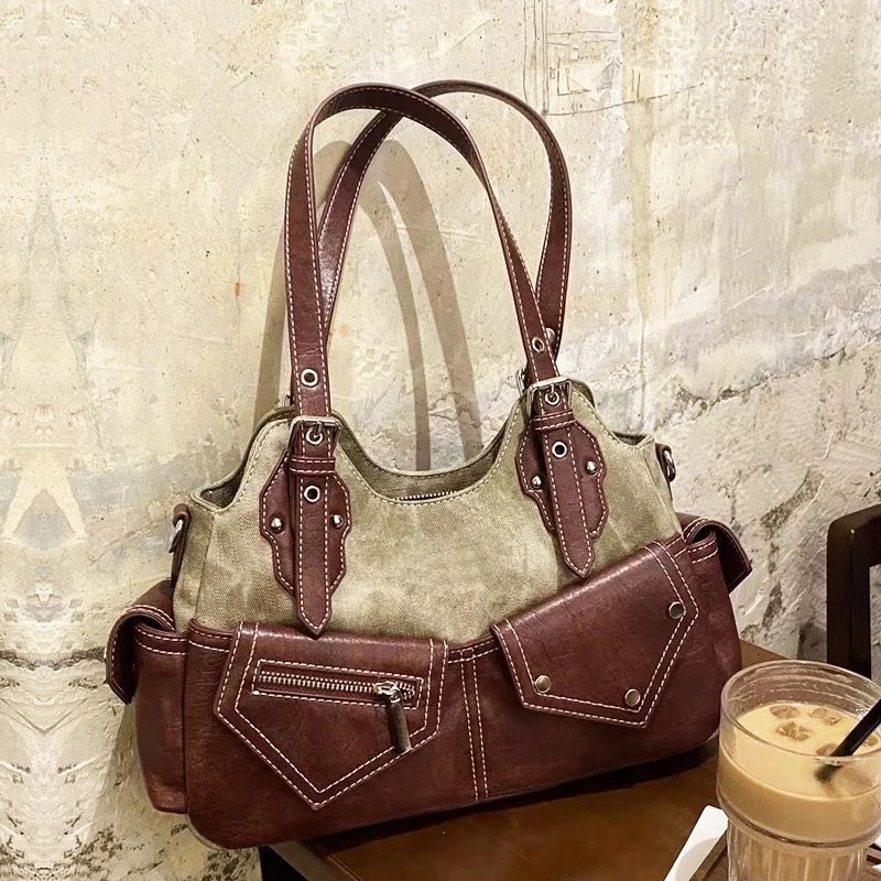 Moto Biker Bags For Women Handbags Purses Canvas With PU Rivet Top Handle Y2K Small Underarm Shoulder 251029