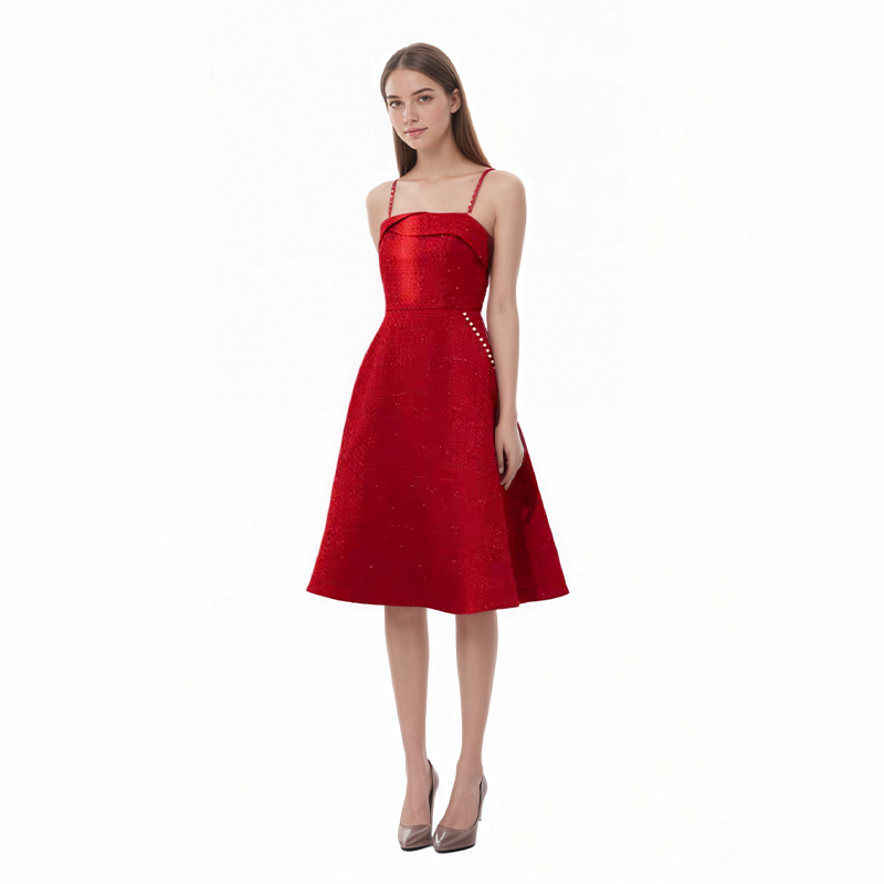 Prom Dresses Women's Red Glitter Midi Dress, Spaghetti Strap Pearl Detail Formal Gown, Cocktail & Evening Party A-Line Dress YJY0002