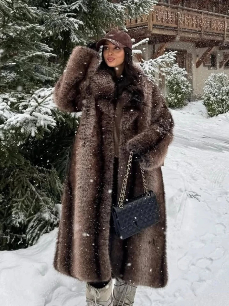 Womens Casual Lapel Faux Fur Long Coat Loose Solid Color Full Sleeve Furry Jackets Ladies Fashion Winter Warm Streerwear Coats 251029