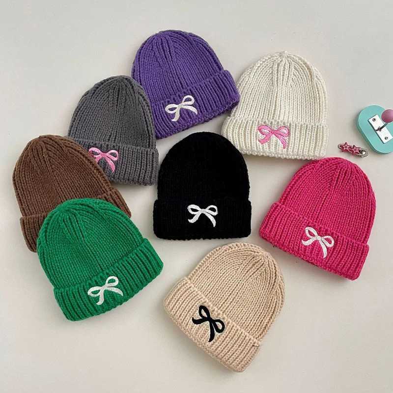 Embroidery Bow Children Woolen Hat Korean Kids Knitted Beanie Solid Color Crochet Bonnet 26year Baby Winter Warm Pullover Cap251028