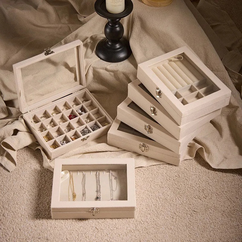 Jewelry Storage Box with Transparent Flip Cover Ring Earring Necklace Bracelet Display Case Velvet Show Prop 251013