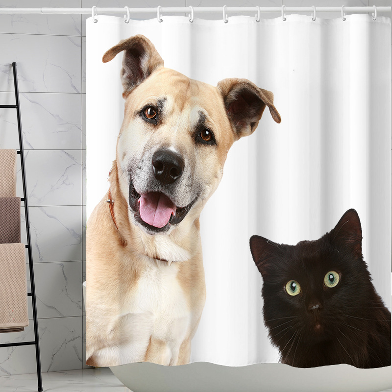 YL-37627 Popular 3D Digital Shower Curtain with Kitty Shower Design, Bathroom Dry and Wet Separation, Polyester with Hooks