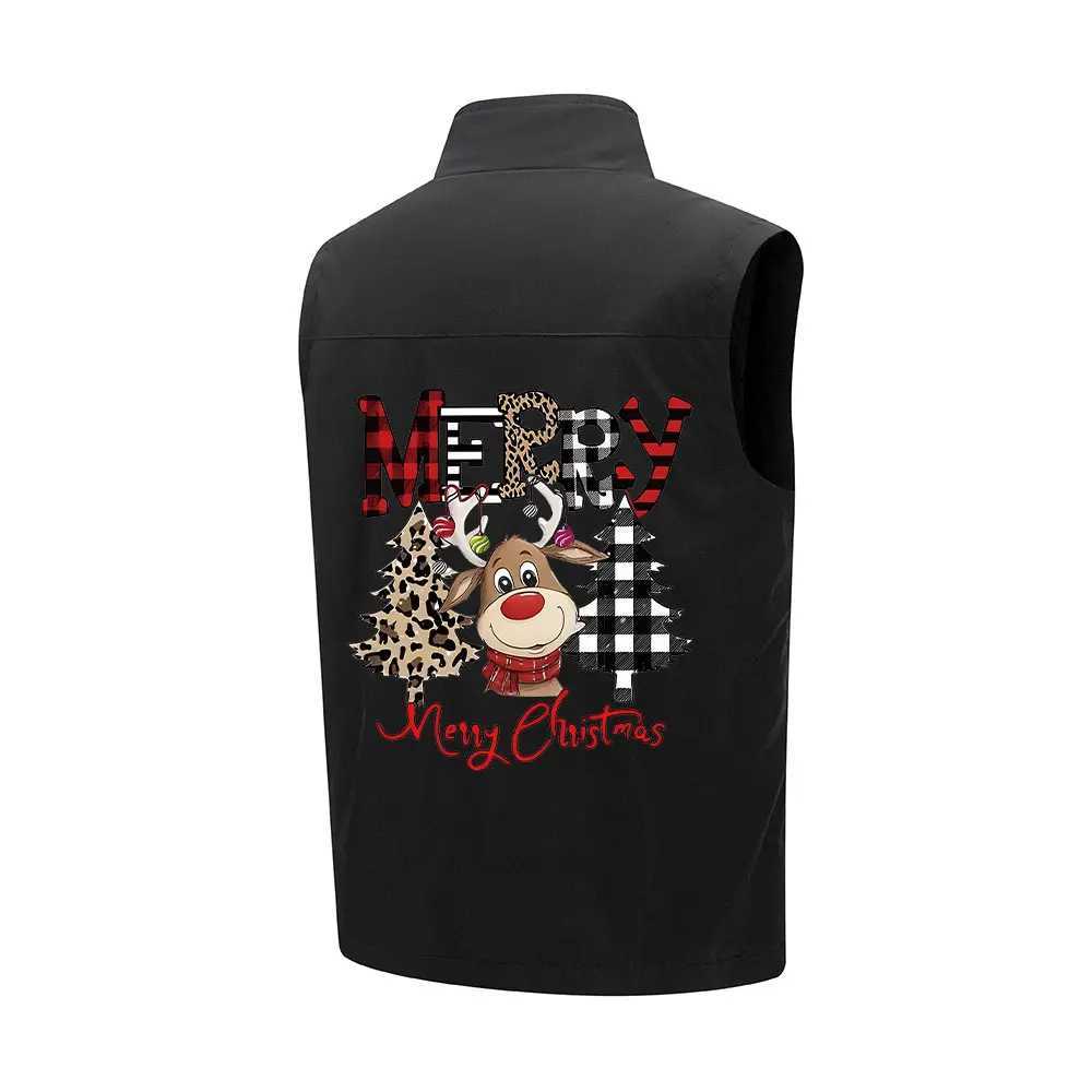 Mens Vest Coat Christmas Elk Prints Multiple Zipper Pockets Sleeveless Windproof Outwear Windbreaker for Hiking Fishing Camping W251029