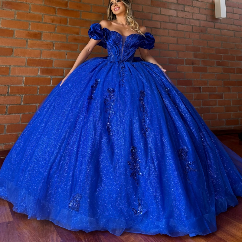 Royal Blue Shiny Quinceanera Dresses Off The Shoulder Applique Lace Beads Bow Tull Party Birthday Sweet 16 Dress Vestidos 15 de anos