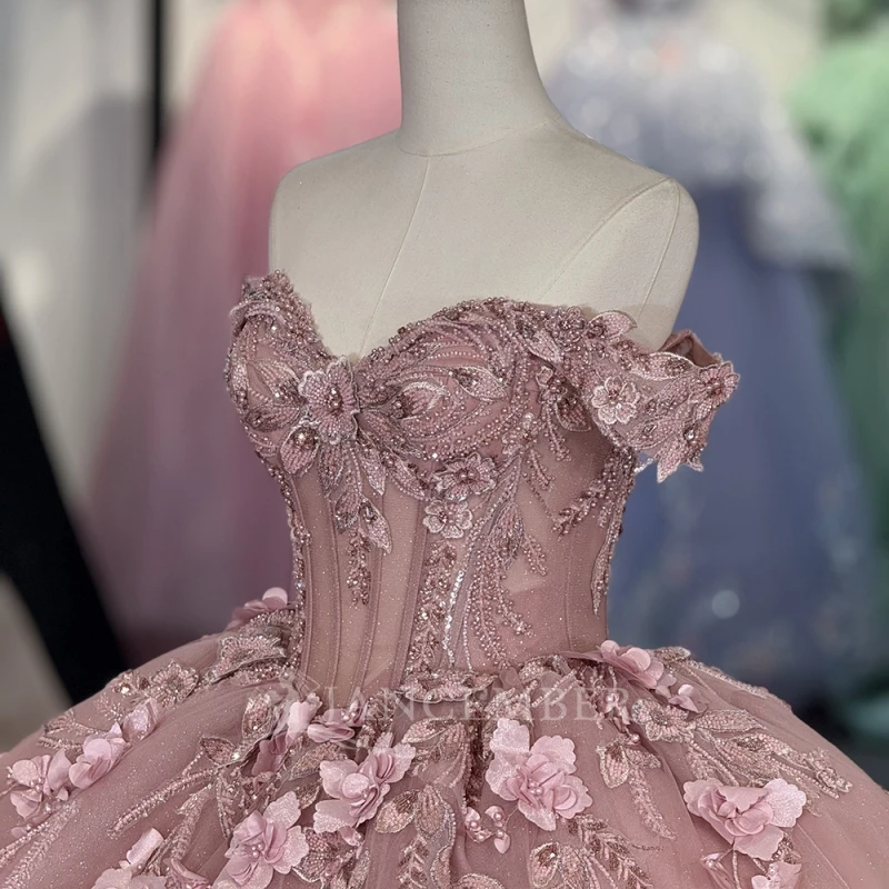 Green Shiny Ball Gown Quinceanera Dresses Off The Shoulder Applique Lace Beads Bow Tull Party Birthday Sweet 16 Dress Vestidos 15 De