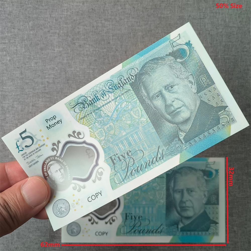5A Clear Polymer Prop Money 5 10 20 50 British Pound GBP Plastic Fake Money Notes Realistic Movie Prop Money UK Gbp-pound for Wedding Party 70*37mm 50% Size