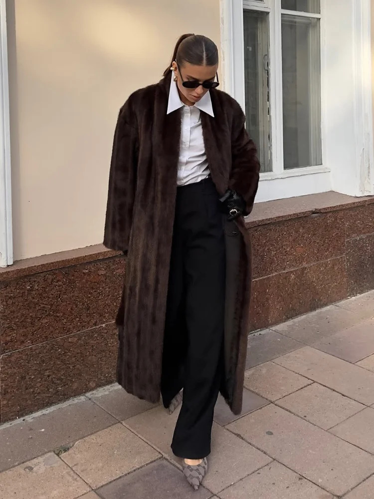 Brown Lace Up Faux Fur Coat Women Fashion Casual Full Sleeve Fluffy Loose Striped Long Coats Lady Winter Daily Street Jacket 251029