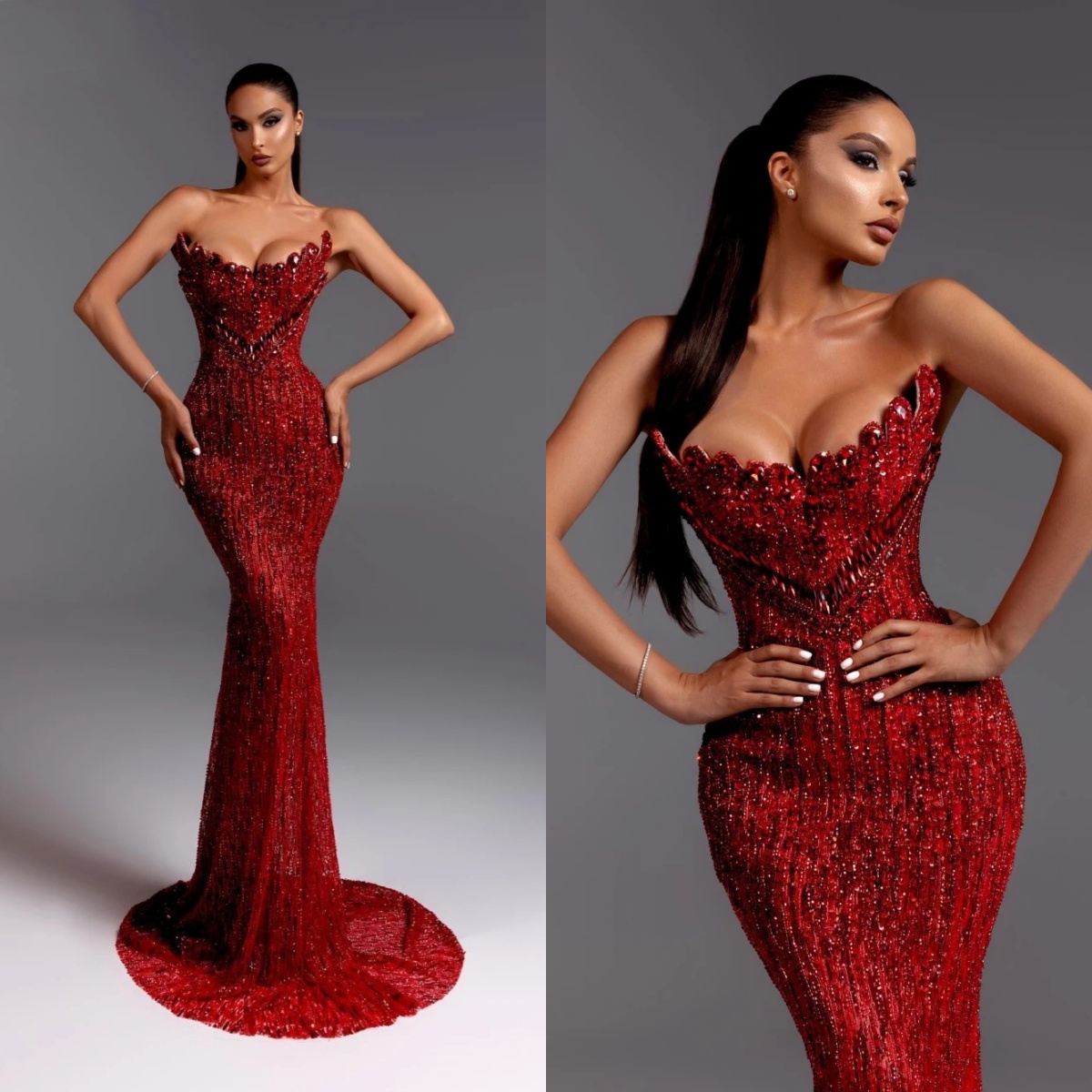 Fashionable Red Beaded Mermaid Long Evening Dress Elegant Strapless Sleeveless Party Gown Customized Luxury Prom Dresses