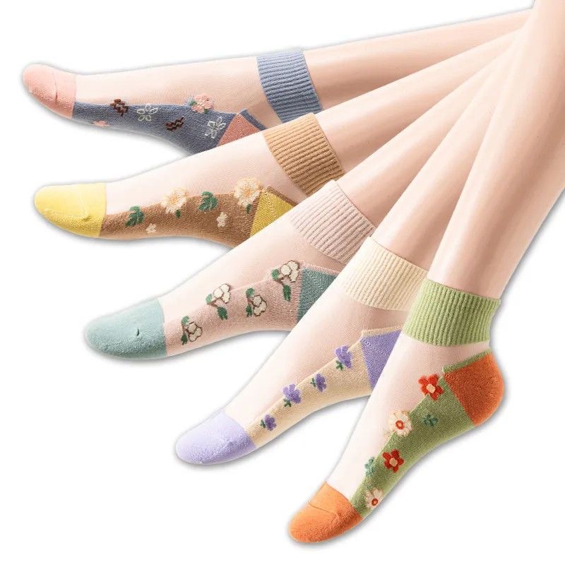 OC511001 Summer Thin Socks for Female Students Short Boat Socks Anti Hook Breathable Sweat Absorbing Sweet Plant Flower Pattern