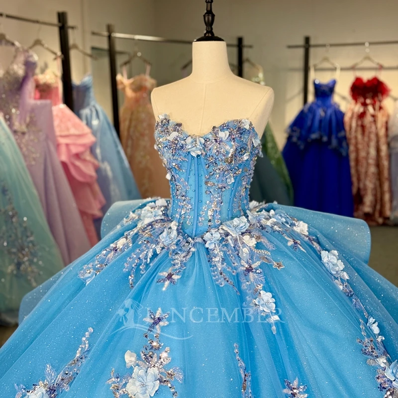 Blue Shiny Ball Gown Quinceanera Dresses Off The Shoulder Sequin Applique Flower Beads Tull Party Birthday Sweet 16 Dress Vestidos 15 anos