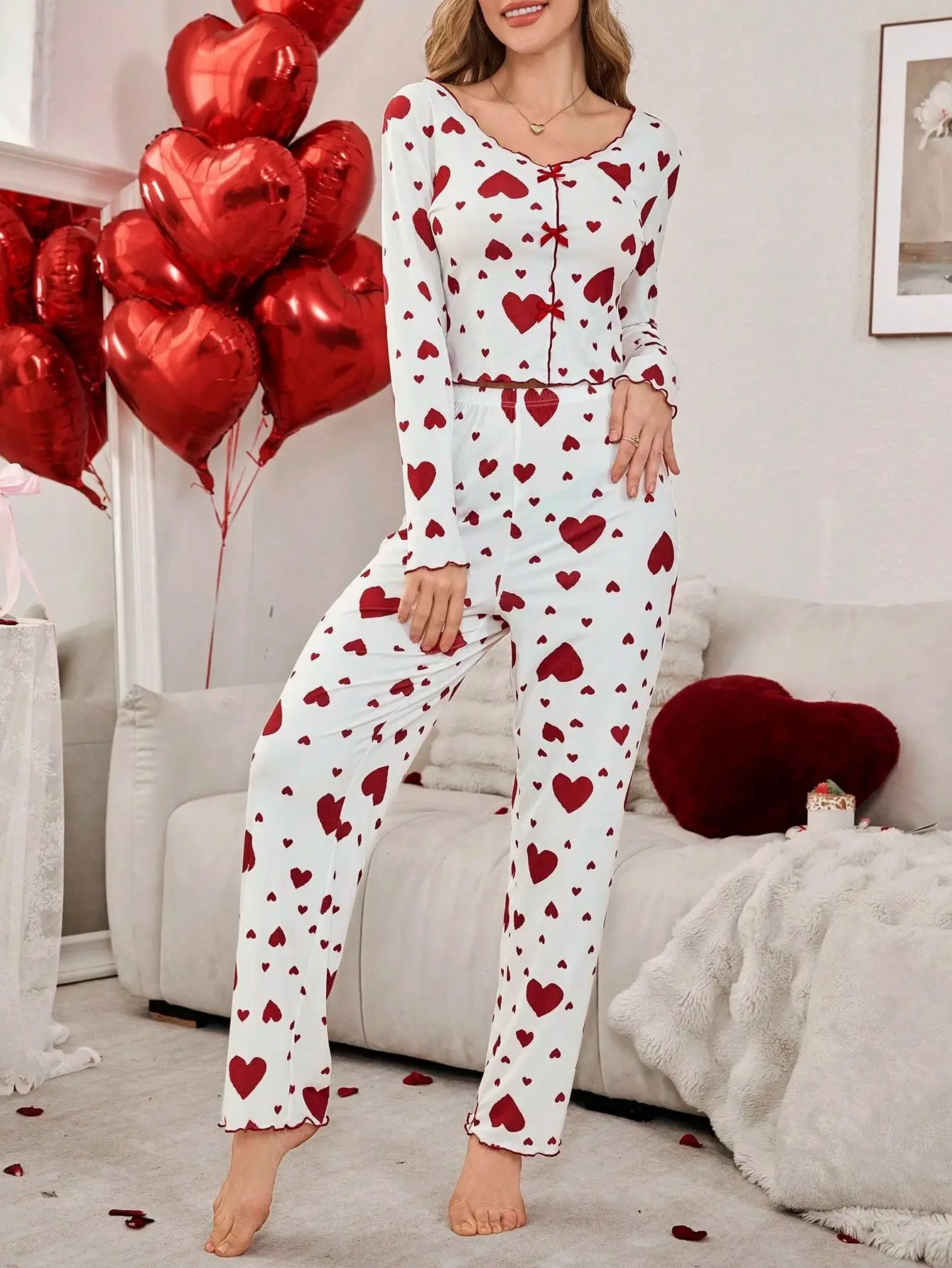 Autumn Winter 2 Pieces Pajamas Sets for Women Sleepwear Heart Print Long Sleeve Tops with Long Pants Trouser Set Pyjamas 251029