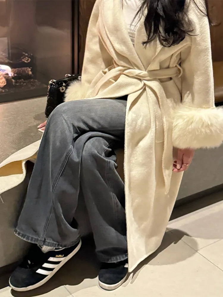 Street Furry Patchwork Slim Womens Long Woolen Overcoats Vneck Full Sleeve Lace Up Coats Fashion Office Lady Autumn Outerwears 251028