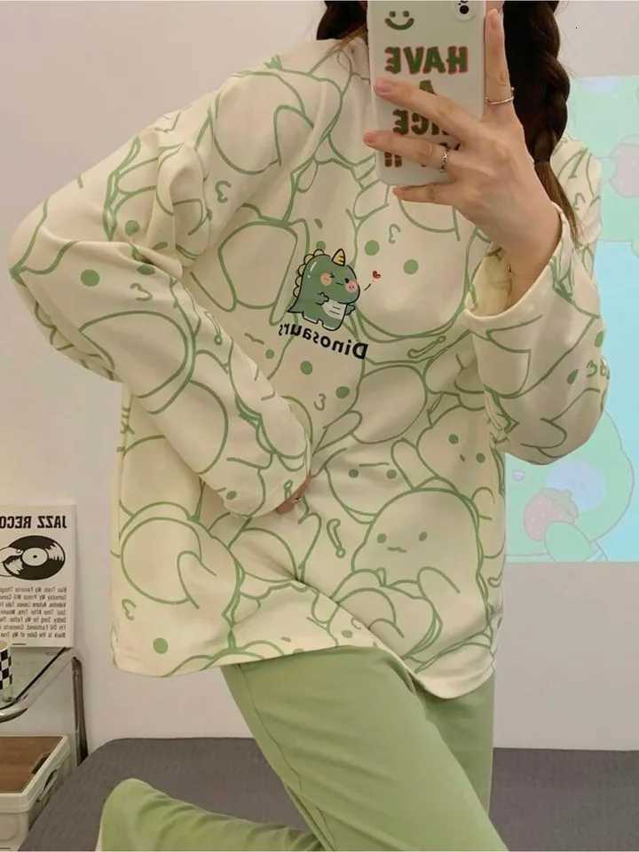 2Piece Womens Casual Pajama Set Dinosaur Print LongSleeve Top Long Pants Suitable for All SeasonsT251029