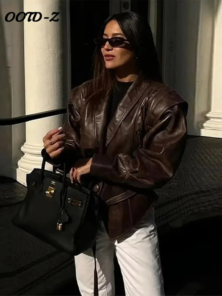 Faux Leather Brown Women Jackets 2025 Belt Lace Up Lapel Female Coat Vintage Casual Autumn One Button Long Sleeve Lady Outwear 251029