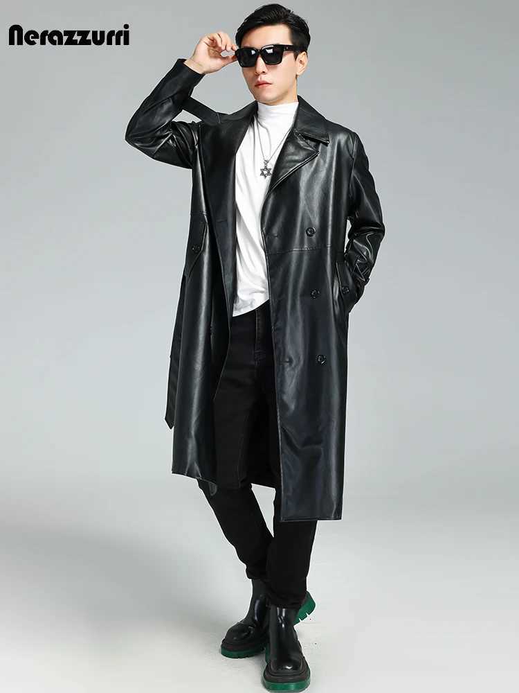 Nerazzurri Autumn Winter Long Black Soft Pu Leather Trench Coat Men Belt Double Breasted Luxury Plus Size Overcoat 3xl 4xl 5xlT251029