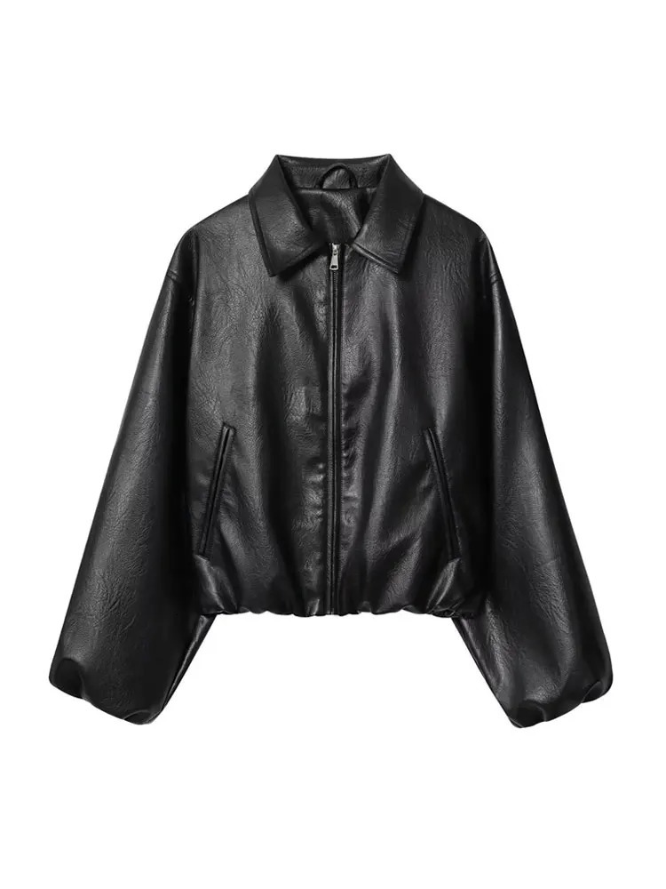 Womens Faux Leather Bomber Jacket Long Sleeve Chic Outerwear Elastic Hem Female Fashion Top 251029