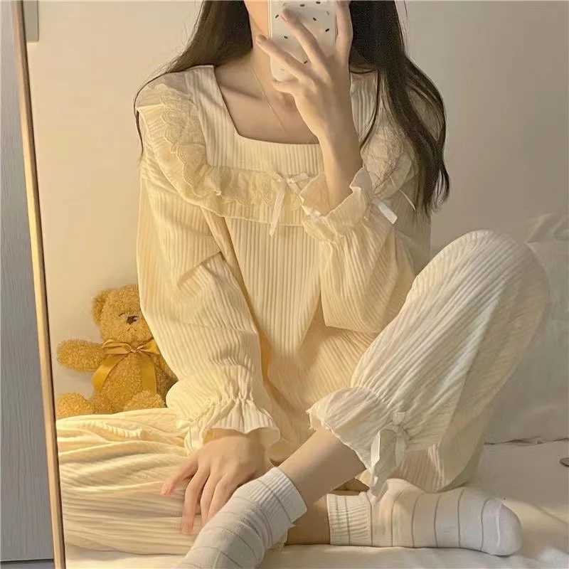 Spring and Autumn New Womens Pajamas Homewear Set of Girls Pajamas Spring and Autumn Lace Pit Stripes Student Pajamas HomewearT251029