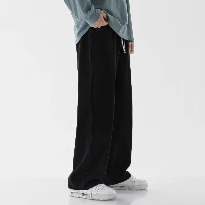 Korean Solid Colors Mens Casual Long Jeans Classic male Four Seasons Straight Denim Wideleg Pants Light Blue Grey Black S3XL 251029