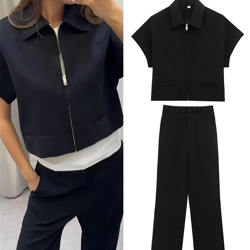 TFMLN Fashion Set For Women Summer 2025 Slim Lapel Zipper Short Sleeve Coat Top Wide Leg Pants Two Piece Set Leisure Black 251028