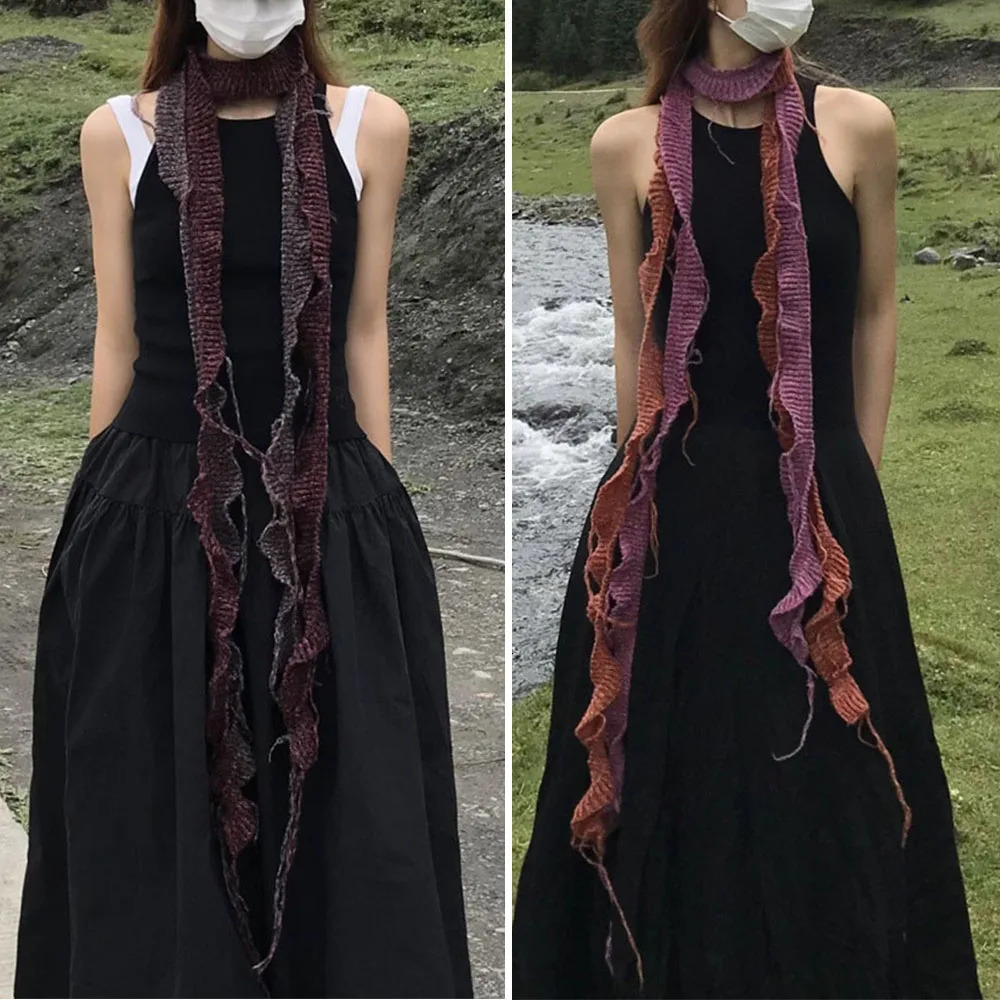 Y2k Girls Ruffle Edge knitted Long Scarf Harajuku Solid Color Skinny Thin Scarf Woman Decorative Scarf Women Tassel Narrow scarf 251029