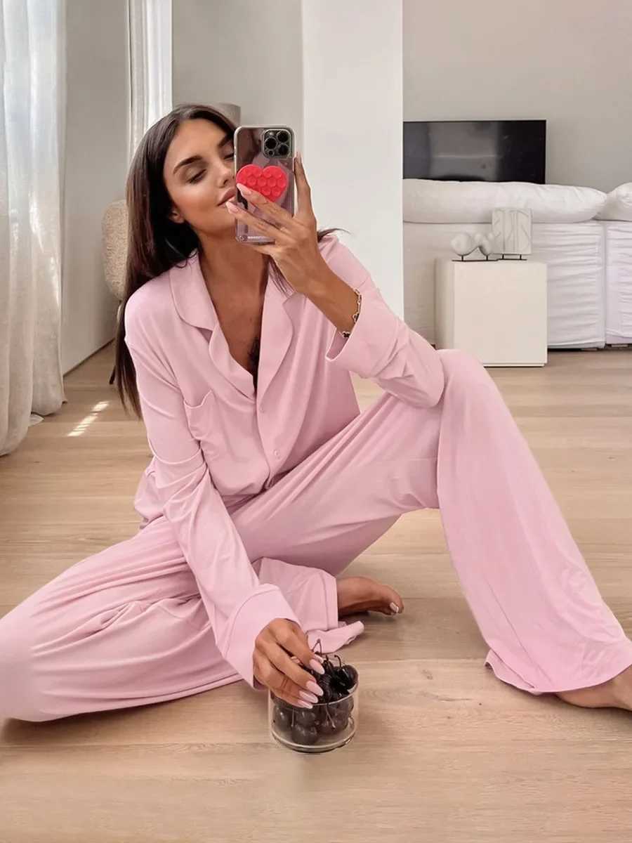 Blubelle Womens Long Sleeved Long Pants Pajama Set Autumn New Cardigan Pajamas Solid Color Comfortable Home Wear SetsT251029