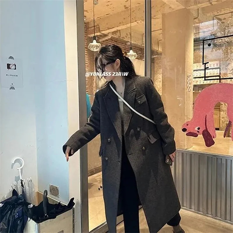Fashion 100 Wool Long Coat For Women Oversize Woolen Double Button Lapel Overcoat Autumn Lady High Street Outerwear 251028