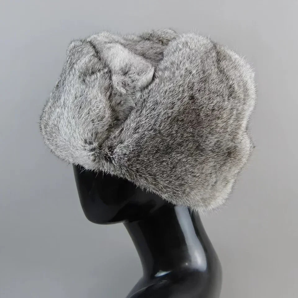Rabbit Fur Cap Man Winter Genuine 100 Fur Bomber Hat Windproof Warm Earmuffs Male Flat GreyBlack Russian Hat Fitted Casquette 251029