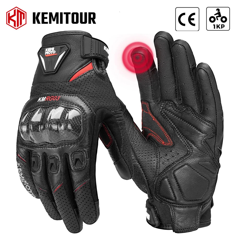 KEMITOUR Leather Motorcycle Gloves CE Mens Retro Moto Touch Screen Carbon Protective Motorbike Breathable For Summer 251013