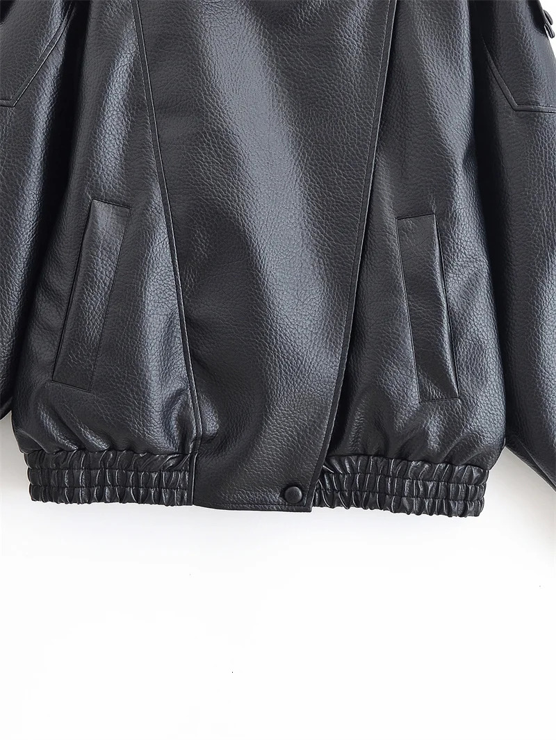 Womens Jacket Fall 2025 Black Long Sleeve Pebble Faux Leather Jacket Motorcycle Style Personality Fashion 251029