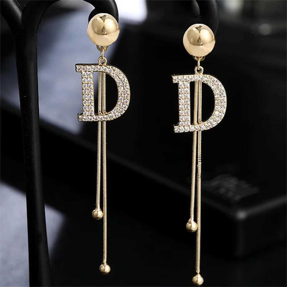 Bead Tassel Long Simple Earring Trend Gold Color Crystal Letter D Earrings Elegant Jewelry AccessoriesW251029
