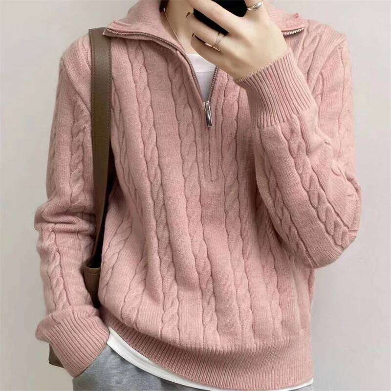 2025 Winter Knit Korea Women Zipper Hemp Pattern All-Match Sweater Autumn Loose Turtleneck Pullover Crochet Tops Designer Sweater Women Bear Sweater