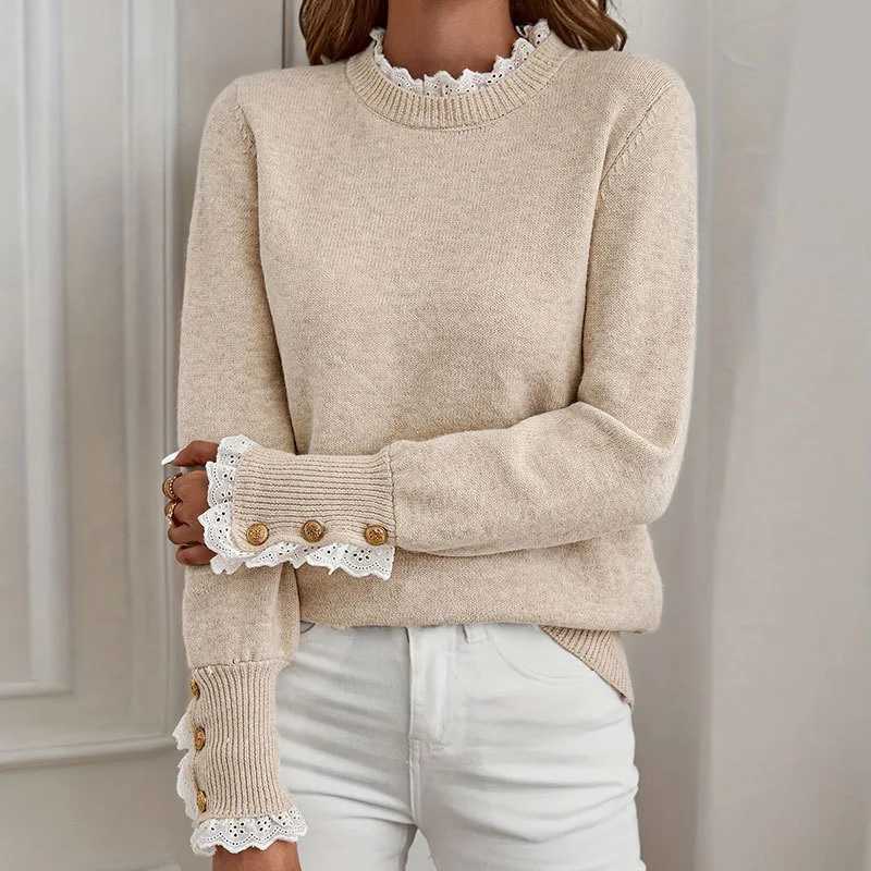 Autumn Winter Womens Knitted Sweater 2025 Fashion Lace Round Neck Long Sleeve Pullover Sweater Tops Women Casual J251029