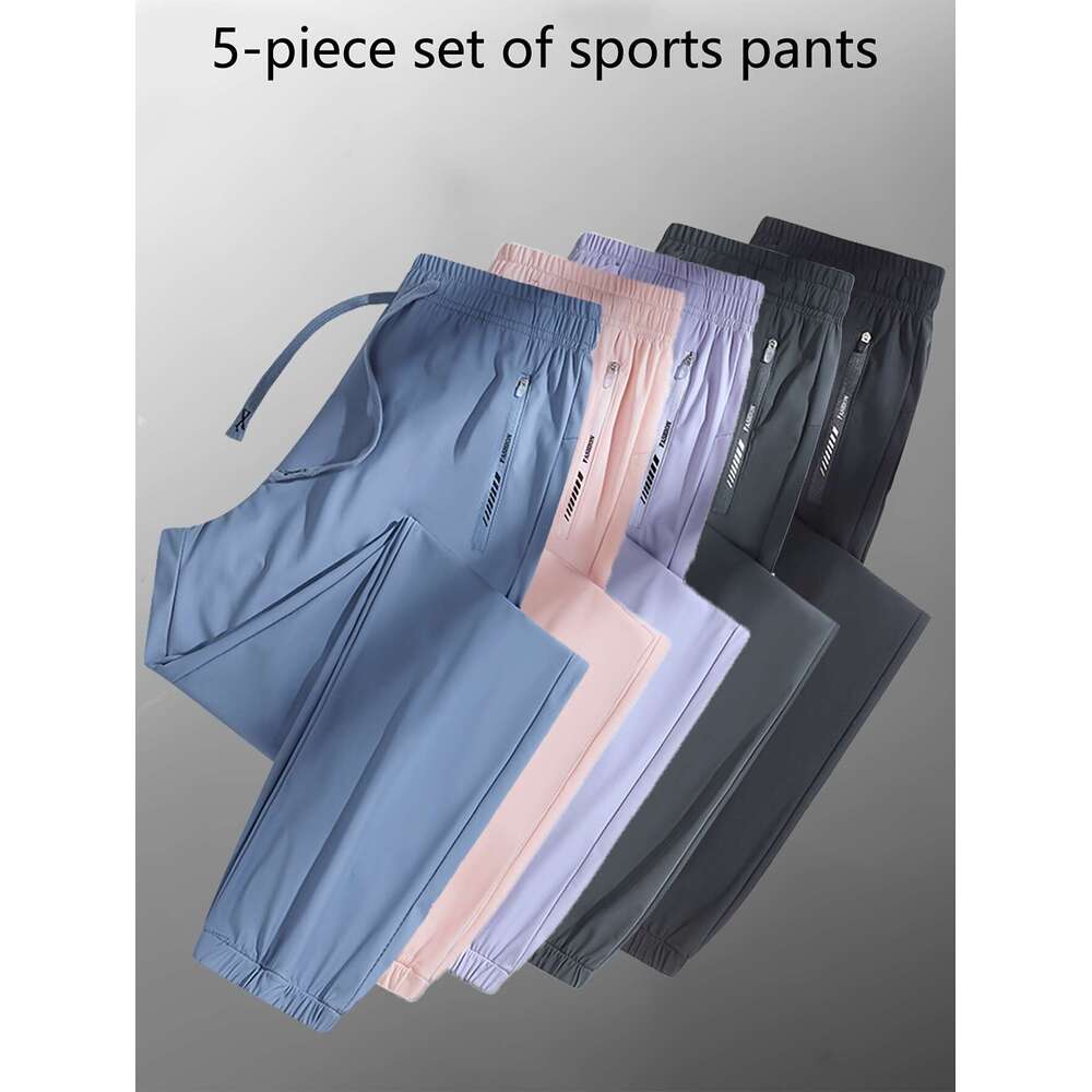 5pcs Women's High-Stretch Ice Sliky Fiber Athletic Leggings Full-Length Workout Pants with Zipper-Free Drawstring Waist & Zipper Pockets, Multi-C