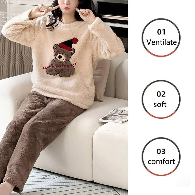 2 Piece Set Thickened Long Sleeve Trouser Set Couple Loungewear Women Flannel Cartoon Bear Gray TwoPiece Set Sleepwear Homewear 251029