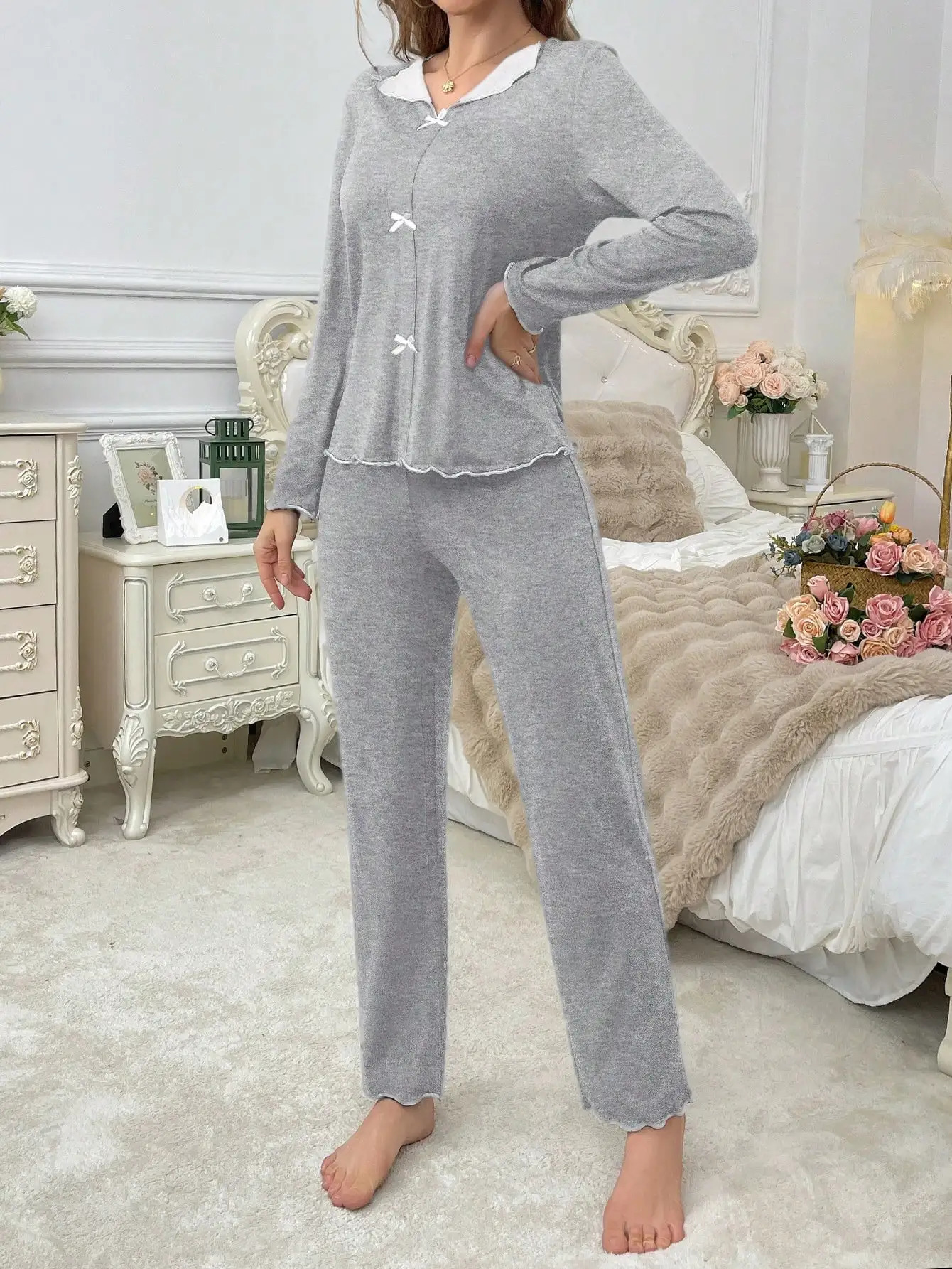 2Piece Set of Womens Autumn and Winter Pajamas Simple Solid Color Comfortable LongSleeved Can Be Worn Outside Loungewear 251029